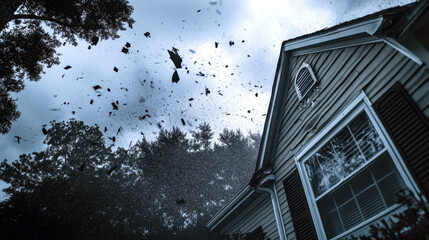 Severe hurricane damage roof debris from strong storm winds near suburban home