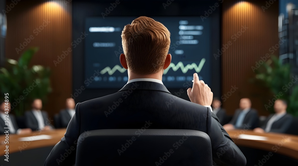 Poster ceo delivering a presentation and showcasing data driven graphs to an audience in a modern high tech