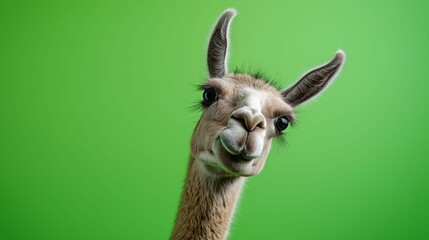 A cute llama looks directly at the viewer with curiosity, showcasing its expressive features against a vibrant green backdrop, capturing an engaging moment, copy space