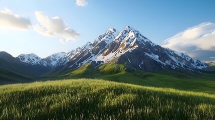 Fototapeta premium Majestic snow capped mountain peaks rising into the sky surrounded by a serene and breathtaking alpine landscape in a 3D