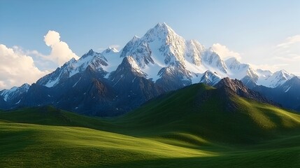 Majestic snow capped mountain range with towering peaks rising above a serene forested valley in this stunning 3D of an idyllic picturesque natural landscape