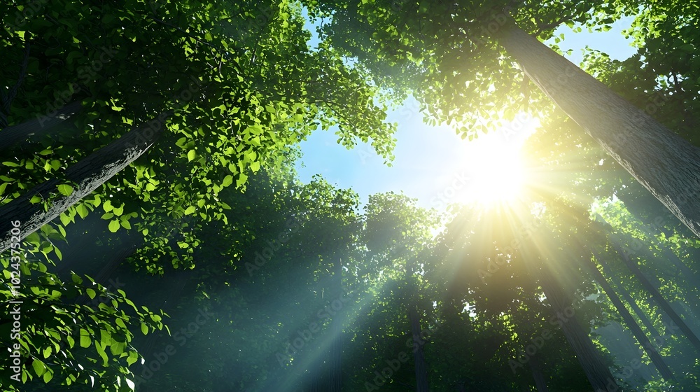 Poster lush verdant forest with sunlight breaking through the dense canopy of leaves creating a serene and 