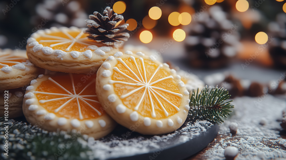 Poster a plate of cookies with orange slices on top. the cookies are decorated with icing and the oranges a