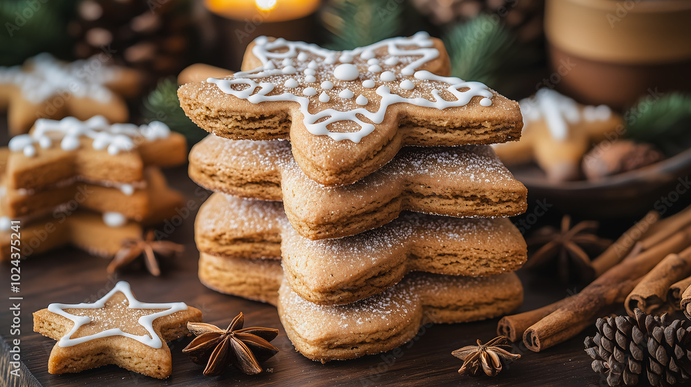 Poster a stack of gingerbread cookies with a star on top and a cinnamon stick on the bottom. the cookies ar