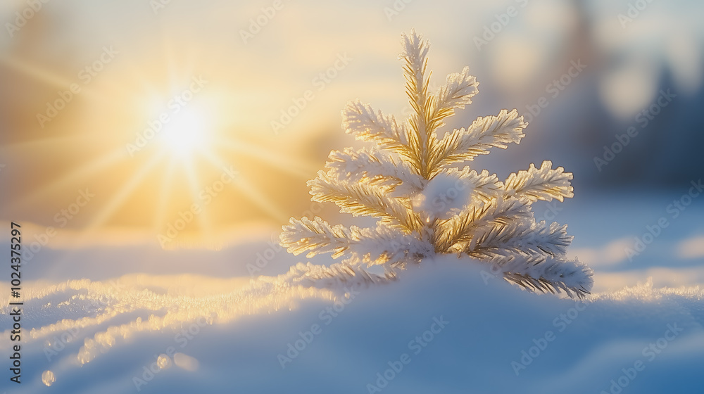 Poster a small tree is covered in snow and is standing in the snow. the sun is shining on the tree, creatin