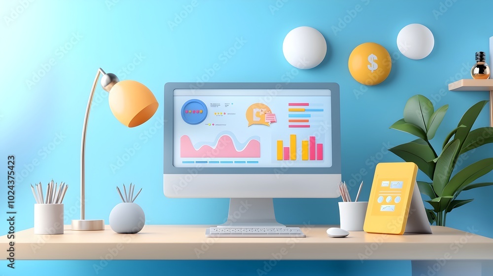 Poster digital marketing strategy with computer screens displaying analytics data and reports on an office 