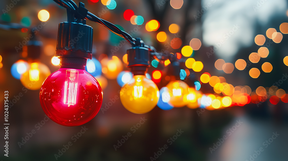 Aufkleber a string of colorful lights with a red bulb in the middle. the lights are hanging from a tree and ar