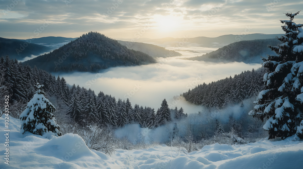 Poster a mountain range covered in snow with a sun rising in the background. the sky is hazy and the sun is