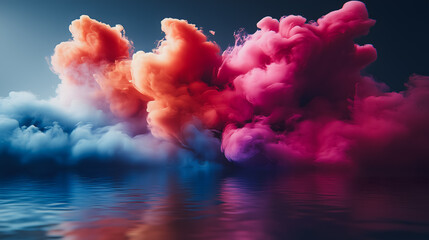 A colorful cloud of smoke is floating over a body of water. The smoke is a mix of red, orange, and blue, creating a vibrant and dynamic scene. The water below the smoke is calm and still