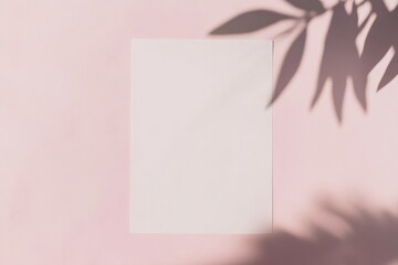 Minimalist Mockup: Blank White Paper on Soft Pink Background with Leaf Shadows - Perfect for Print, Card, Poster Design