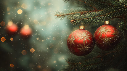 Obraz premium A Christmas tree with two red ornaments hanging from it. The tree is surrounded by a blurry background, giving the impression of a dreamy, festive atmosphere