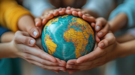 Close-up of diverse hands holding a globe.