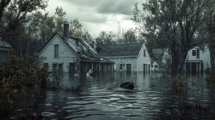 Fototapeta premium Suburban homes submerged in floodwaters after severe storm
