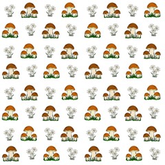 Seamless pattern with small illustrations of mushrooms and daisies on a white background. Images are repeated over the entire surface. Suitable for textiles, children's clothing or wallpaper .  