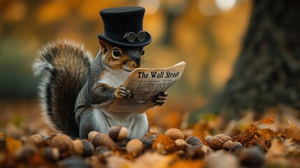 Obraz premium A squirrel wearing a top hat and goggles reads a newspaper while sitting in a pile of acorns.