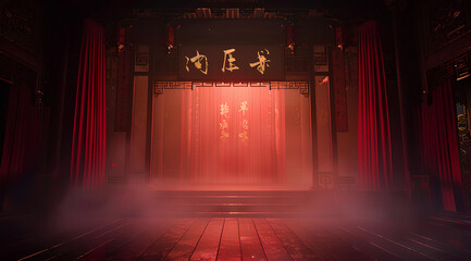 interior of the Chinese-style building is red, The lights inside the house glow in an ancient style, creating an atmosphere filled with festive lantern decorations for celebrating New Year's Eve.