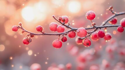 A branch of red berries is covered in snow. The snow is falling on the berries, creating a beautiful and serene scene. Concept of calm and tranquility, as the snowflakes gently blanket the berries