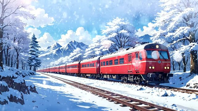 Modern red train traveling through snowy mountains under clear blue sky. Winter landscape concept ,Seamless looping 4k time-lapse animation video background