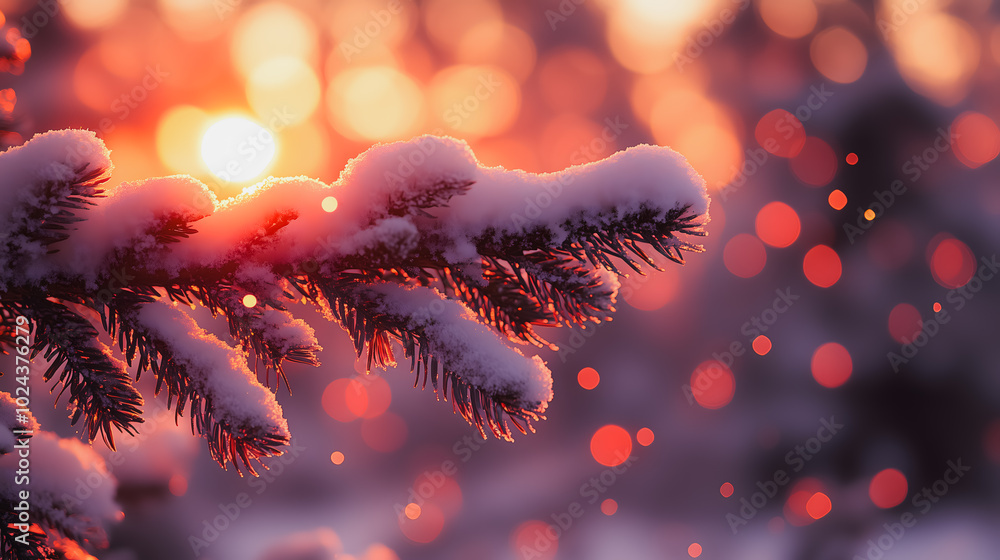 Poster a snow covered tree branch with a sun in the background. the sun is setting and the snow is reflecti