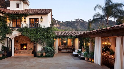 Obraz premium A luxurious outdoor patio with a fireplace, seating, and a dining area, overlooking a hillside.