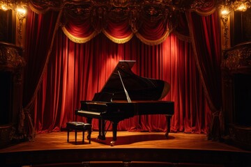 An elegant grand piano takes center stage in a theater. Rich red curtains create a dramatic backdrop. Perfect for music or performance themes. Generative AI.