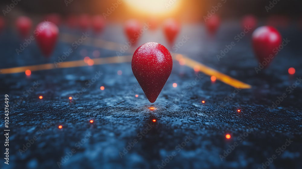 Poster a red ball is placed on a road with many other red balls. the scene is a representation of a map wit