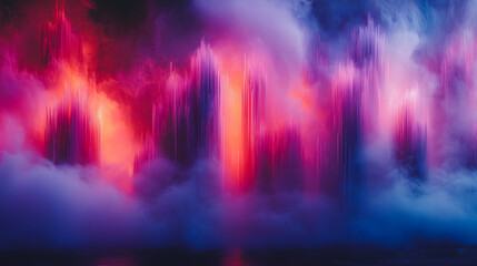 A colorful cityscape with a purple sky and a blue ocean. The sky is filled with smoke and the buildings are tall and colorful