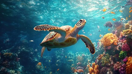 Fototapeta premium Sea Turtle Swimming Through Coral Reef