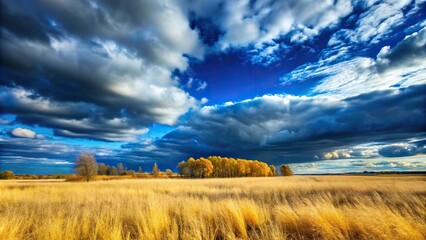 Fototapeta premium Blue autumn sky with gray clouds over field of yellow grasses, Tilted Angle
