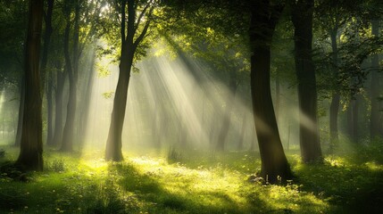 Fototapeta premium Serene Sunlit Forest with Lush Greenery