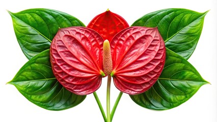 Obraz premium Symmetrical red anthurium flower with leaves on white background
