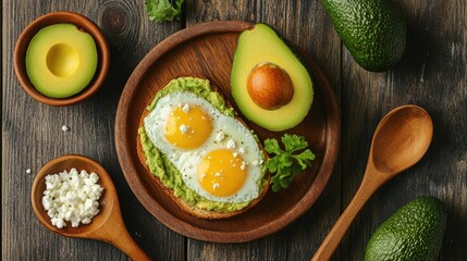 Avocado Toast with Eggs on Wooden Plate