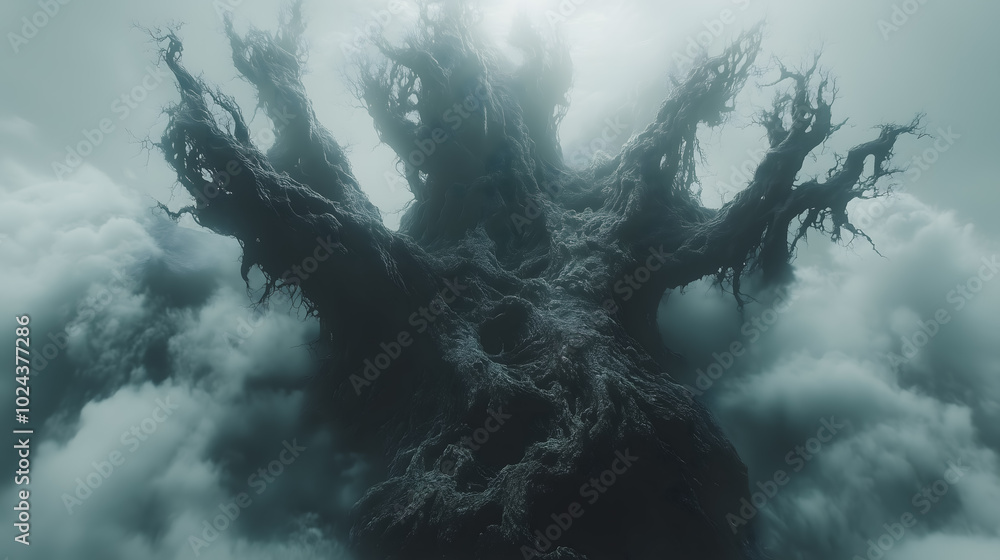 Poster a tree with branches that are twisted and tangled. the sky is cloudy and the tree is surrounded by a