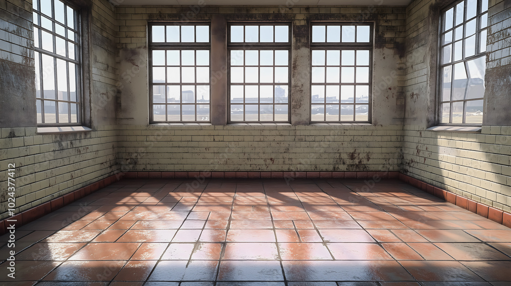 Poster a room with three windows and a brick wall. the room is empty and has a very plain and simple appear