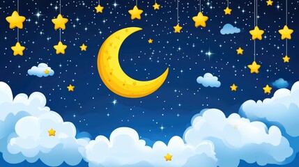 Naklejka premium Starry Night Sky with Crescent Moon and Stars