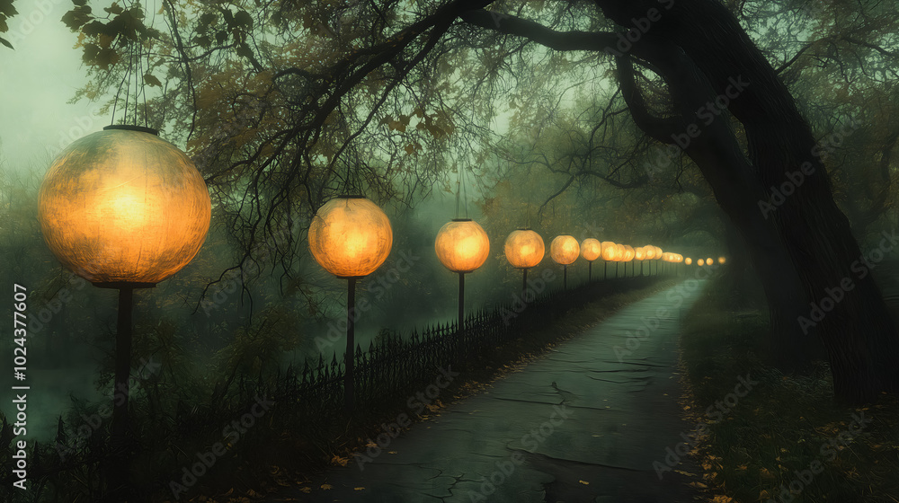 Poster a path is lit up with lanterns in the dark, creating a serene and peaceful atmosphere. the lanterns 