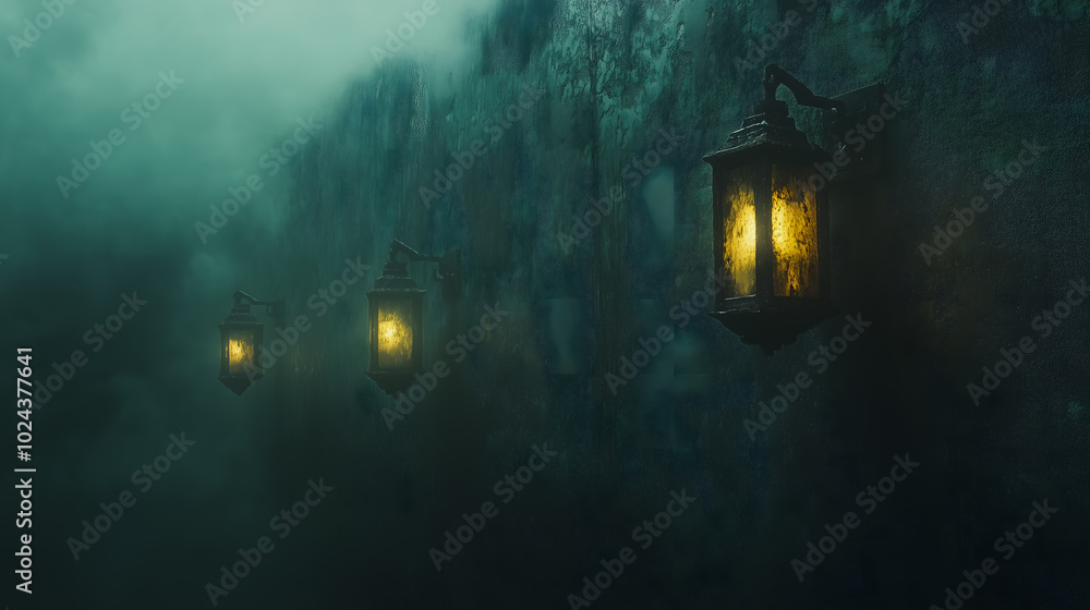 Aufkleber three lanterns are lit up in the dark, creating a mysterious and eerie atmosphere. the lanterns are 