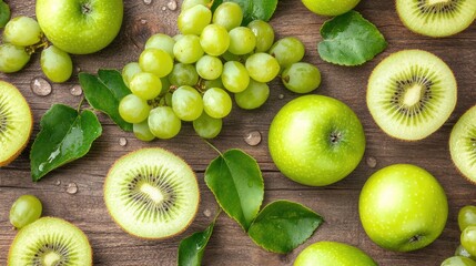 Fototapeta premium Fresh Assortment of Green Fruits on Wooden Surface