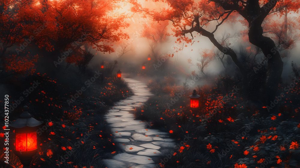 Poster a path through a forest with red leaves and lanterns. the lanterns are lit and the path is illuminat