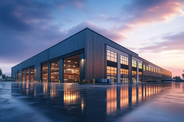  illuminated modern warehouse exterior at twilight