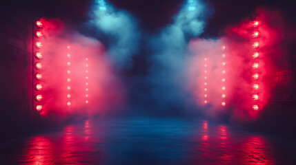 A dark room with red and blue lights and a lot of smoke. The lights are on and the room is dimly lit
