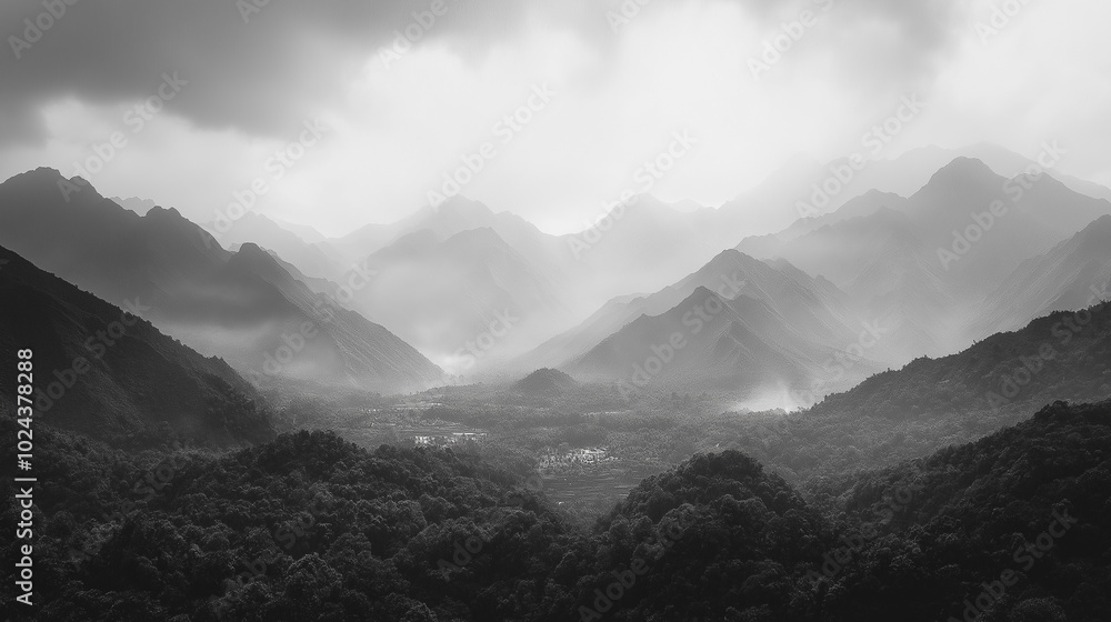Aufkleber a mountain range with a cloudy sky and a misty atmosphere. the mountains are covered in trees and th