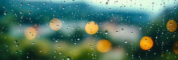 Rain-soaked window view overlooking a blurred urban landscape during foggy day