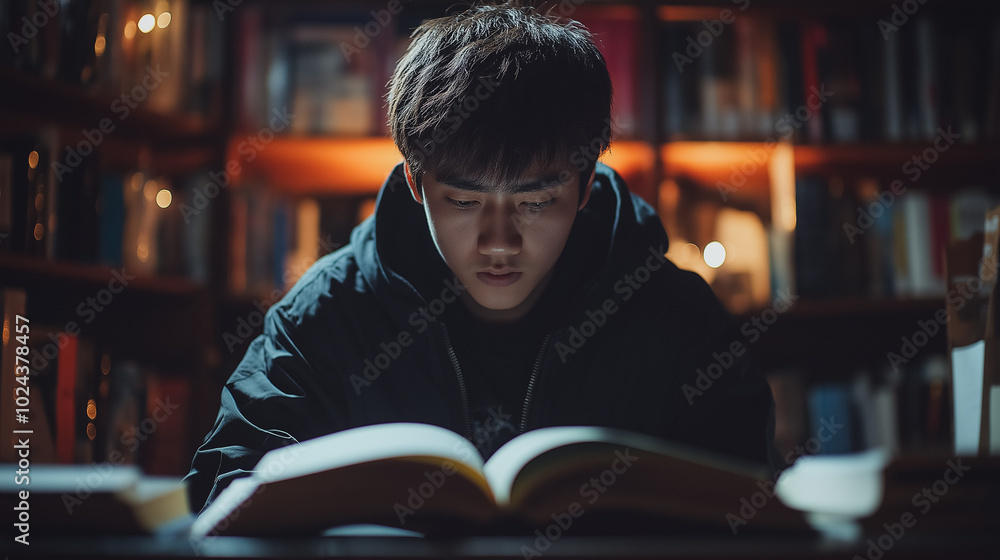 Poster a man is reading a book in a library. the book is open to a page with a picture of a man. the man is