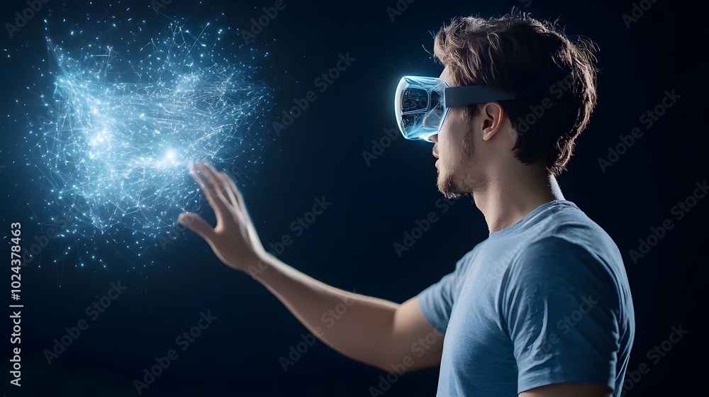 Poster transparent digital hologram projection displayed in a darkened studio setting showcasing the latest