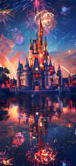 Obraz premium Castle, fireworks in the night sky above it, reflecting on the water, a symmetrical composition, the grandeur of scale, meticulous details, colorful lights, gorgeous and mysterious