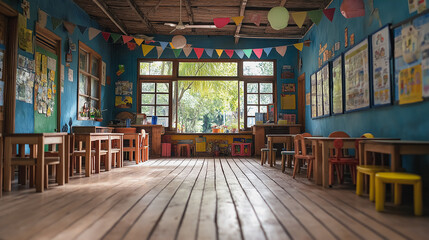 A classroom with wooden floors and wooden chairs. The room is empty and has a lot of windows