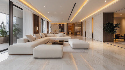 Fototapeta premium A large white living room with a white couch and a white ottoman. The room is well lit and has a modern feel
