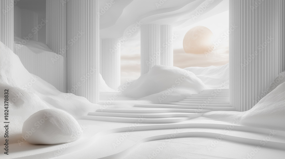 Aufkleber a white room with pillars and a large rock in the middle. the room is empty and the rock is the only