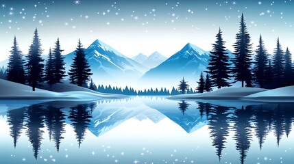 Fototapeta premium A serene winter landscape with snow-capped mountains reflected in a calm lake, a serene scene of winter beauty.